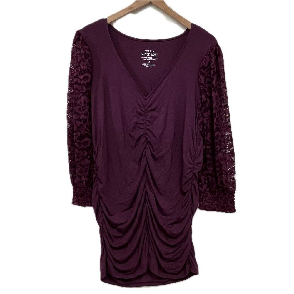Torrid Purple Ruched Top with Lace Sleeves - Size 2X